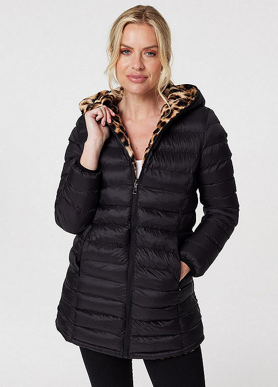 Black Reversible Leopard Faux Fur Puffer Coat by Izabel London | Look Again