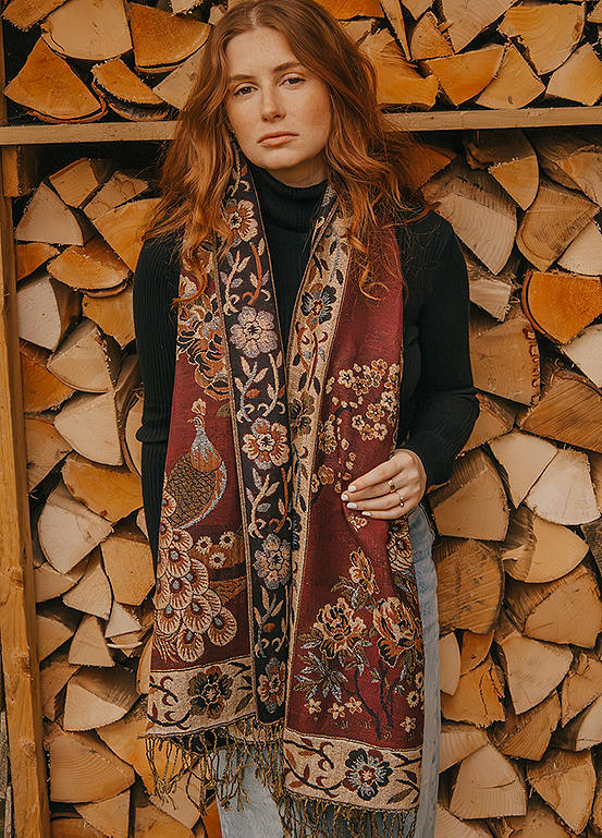 Burgundy/Gold Peacock & Floral Tassel Luxe Pashmina by Xander Kostroma