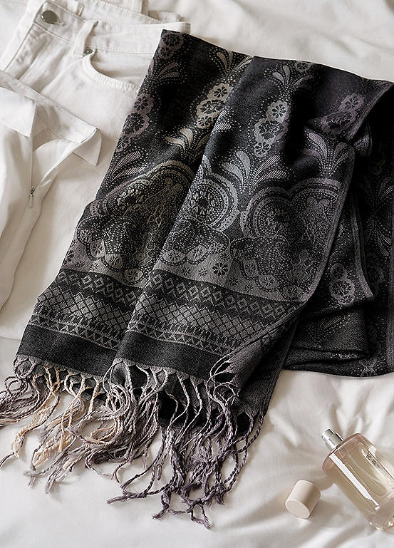 Charcoal Vintage Lace and Paisley Tassel Pashmina by Xander Kostroma