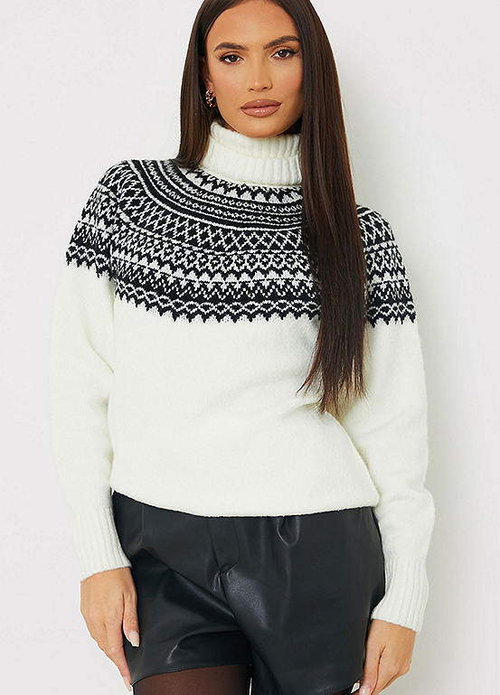 Cream Fairisle Roll Neck Longline Jumper by In The Style | Look Again