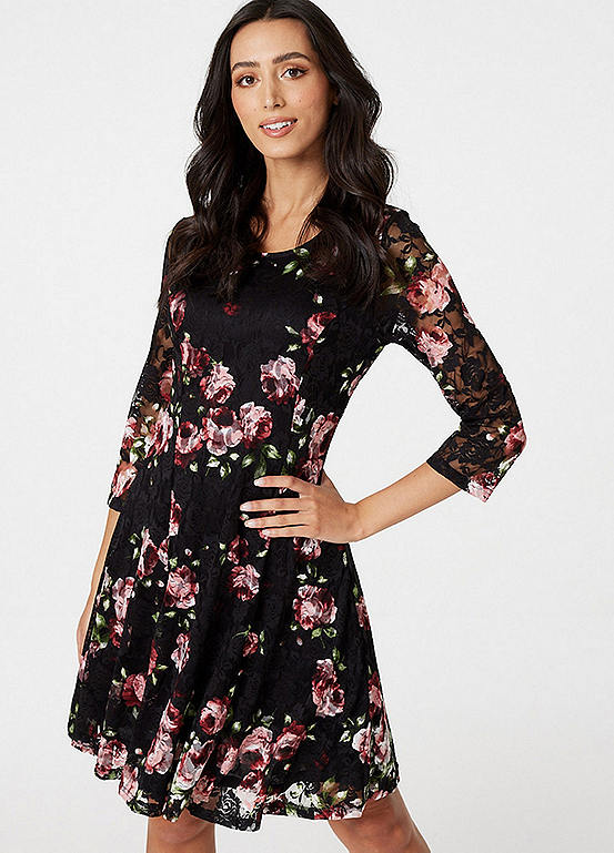 Spooky interview barn Floral Lace Three-Quarter Sleeve Skater Dress by Izabel London | Look Again