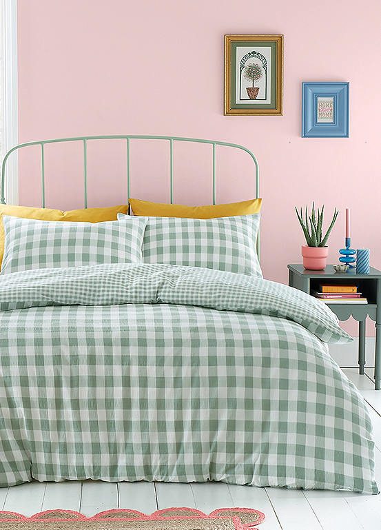 Green Seersucker Gingham Check 180 Thread Count Duvet Cover Set by