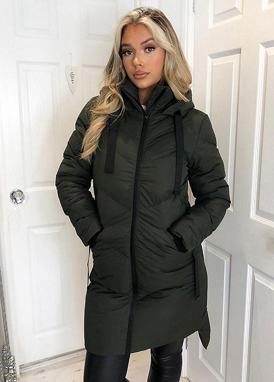 Khaki Hooded Long Line Puffer Coat by AX Paris | Look Again