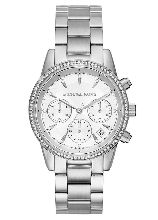 Ladies Ritz Chronograph Watch with Silver Tone Dial & Stainless Steel Bracelet by Michael Kors