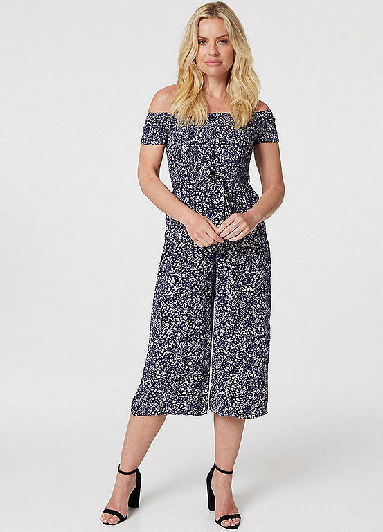 Navy Ditsy Floral Smocked Jumpsuit by Izabel London Look Again
