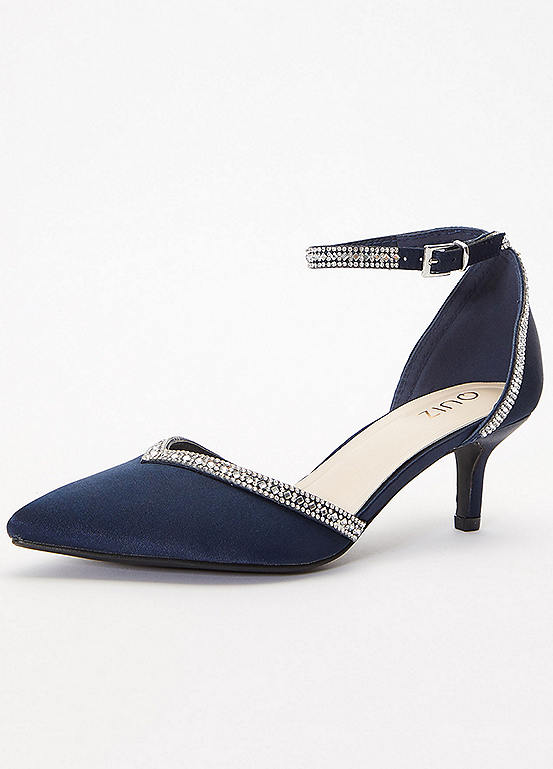 Navy Satin Diamante Trim Low Court Heels by Quiz | Look Again