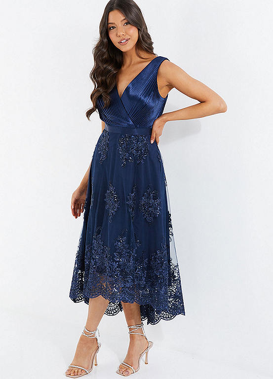 Navy Satin Lace Embroidered Dip Hem Dress by Quiz | Look Again