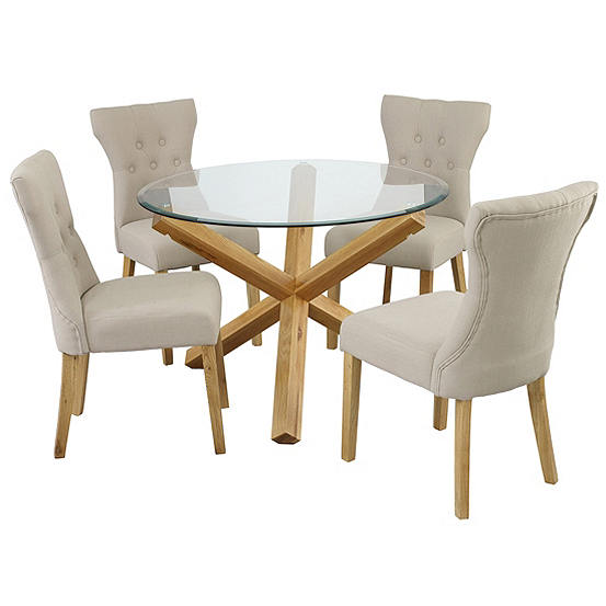 4 Naples Linen Effect Dining Chairs, Round Glass Dining Table And Chairs
