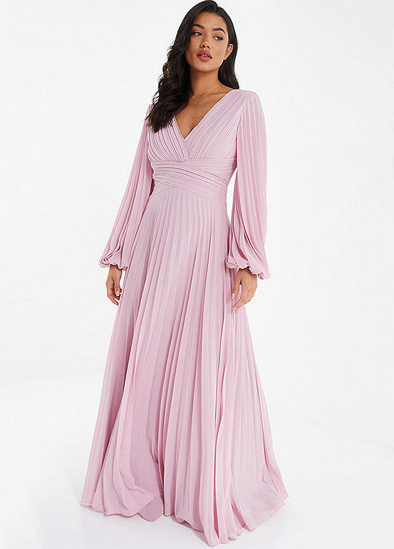 Pink Pleated Chiffon V- Neck Long Sleeved Maxi Dress by Quiz | Look Again