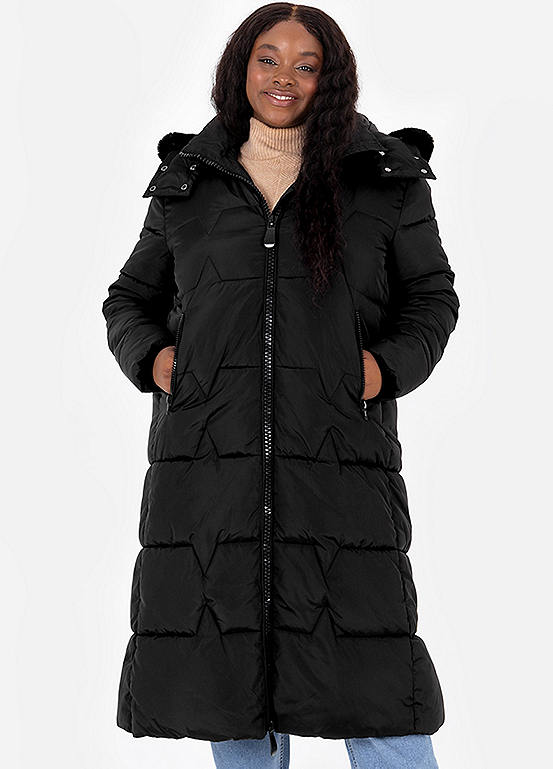 Popper Side Seam Detail Coat with Faux Fur Hood by Lovedrobe | Look Again