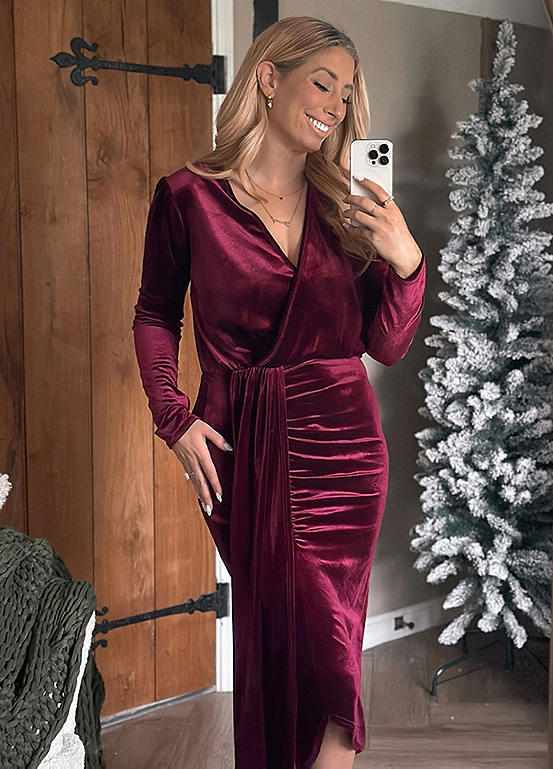 Red Velvet Wrap Front Drape Midi Dress by In The Style x Stacey Solomon