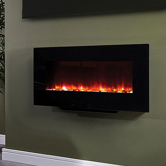 Santos 38in Wall Mounted Black Glass, Wall Mounted Glass Led Fireplace