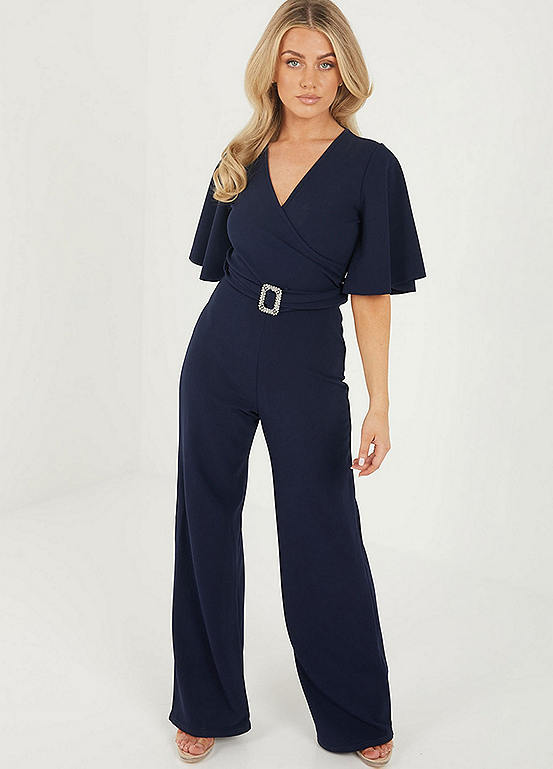 Scuba Crepe Angel Sleeve Wrap Front Buckle Detail Palazzo Jumpsuit by ...