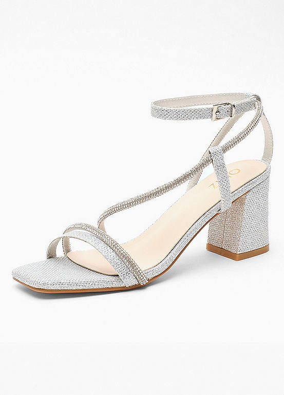 Silver Diamante Asymmetric Block Heel Sandals by Quiz | Look Again