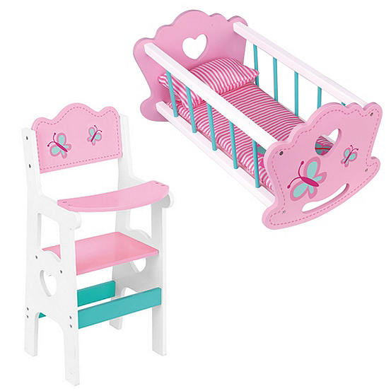 Dolls Wooden High Chair and Dolls Rocking Cradle Cot Bed Crib Doll Furniture Set 