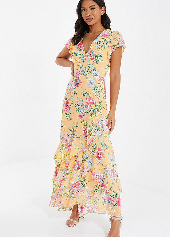 Yellow Chiffon Floral Maxi Wrap Dress with Short Cap Sleeve by Quiz ...