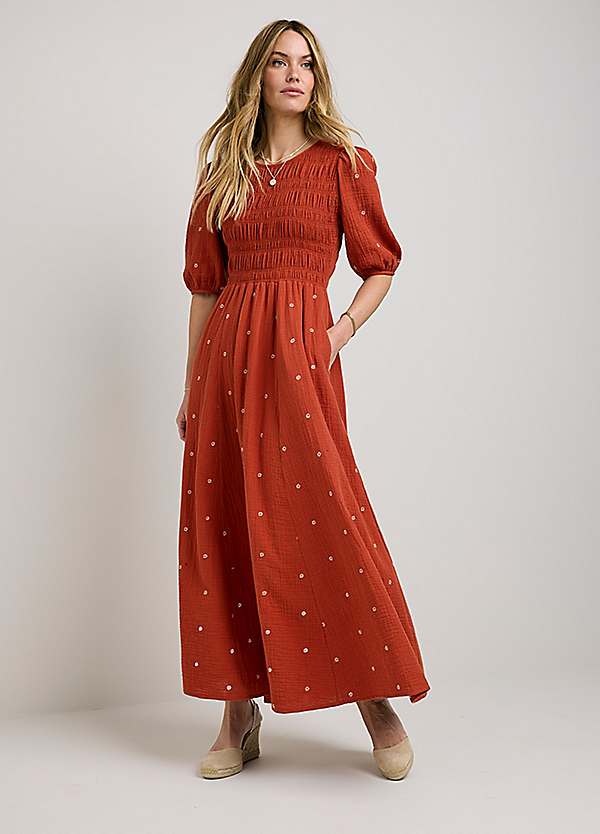 100% Cotton Embroidered Shirred Maxi Dress by Together | Look Again