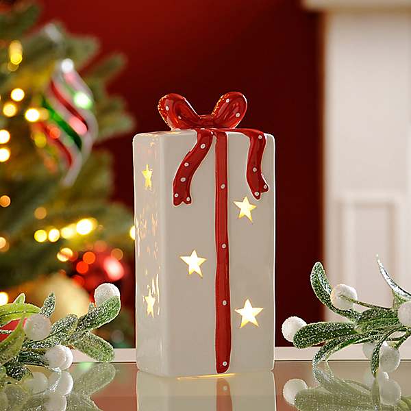 16cm Light Up White Xmas Present with Red Bow by Festive