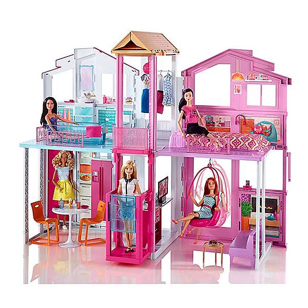 Barbie 3-Story Townhouse Dollhouse with Elevator, Swing Chair, Furniture  and Accessories, Fold for Portability and Travel ( Exclusive)