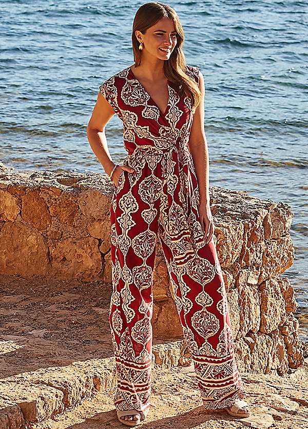 Baroque Print Wrap Wide Leg Jumpsuit by Sosandar