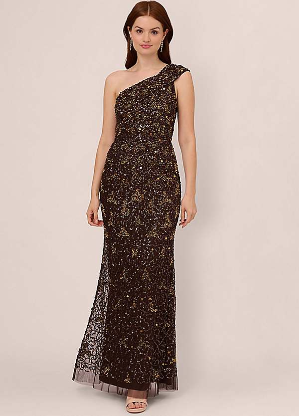 Beaded One Shoulder Gown by Adrianna Papell