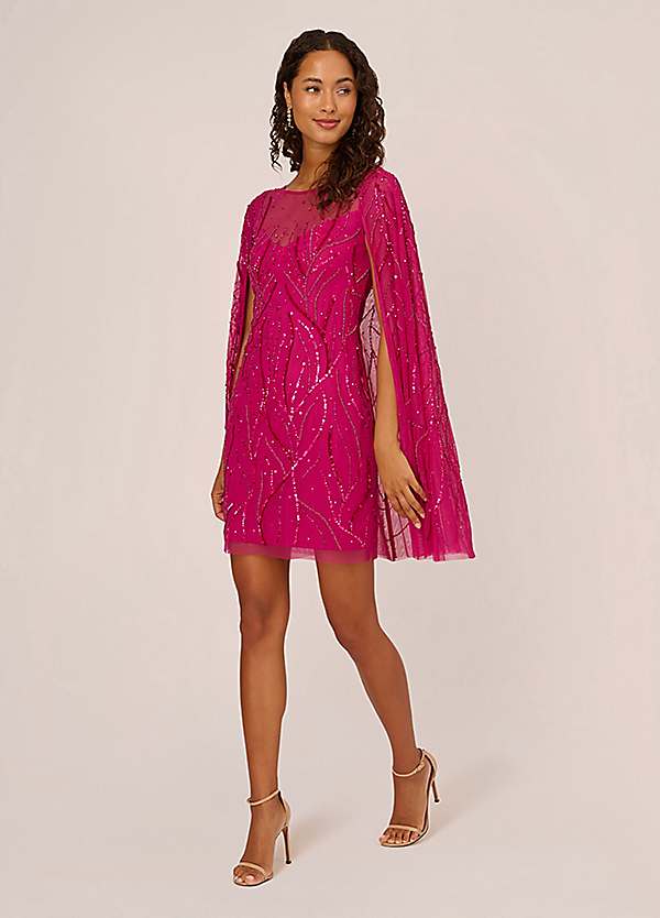 Beaded Short Cape Sleeve Dress by Adrianna Papell