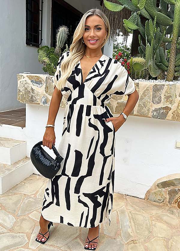 Black Cream Abstract Print V-Neck Batwing Midi Dress by AX Paris - Main Image