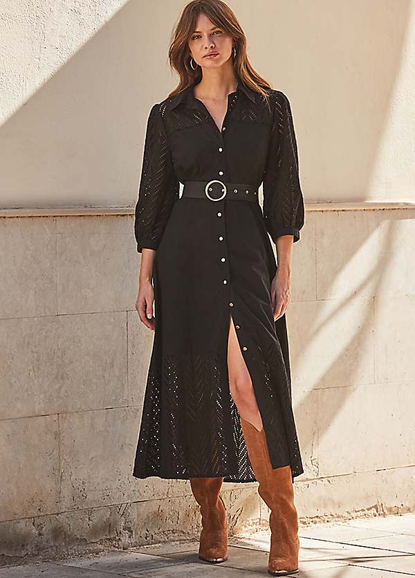 Black Broderie Detail Midi Shirt Dress by Sosandar Look Again
