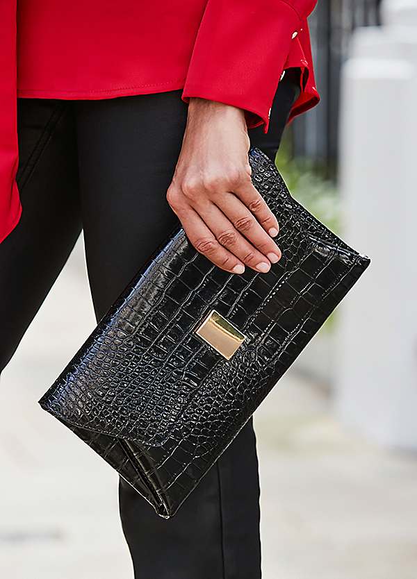 Black Croc Leather Clutch Bag with Gold Clasp by Sosandar