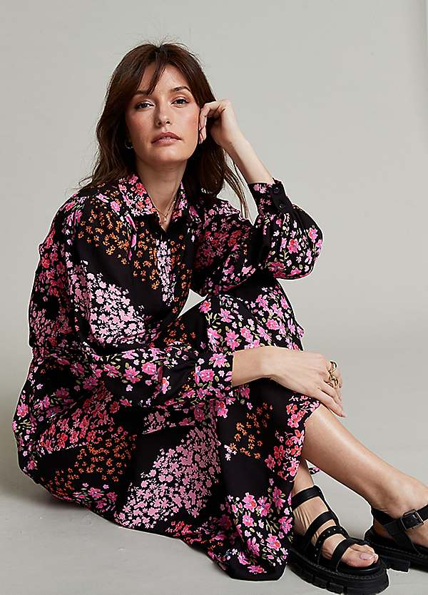 Black Floral Print Maxi Shirt Dress by Freemans