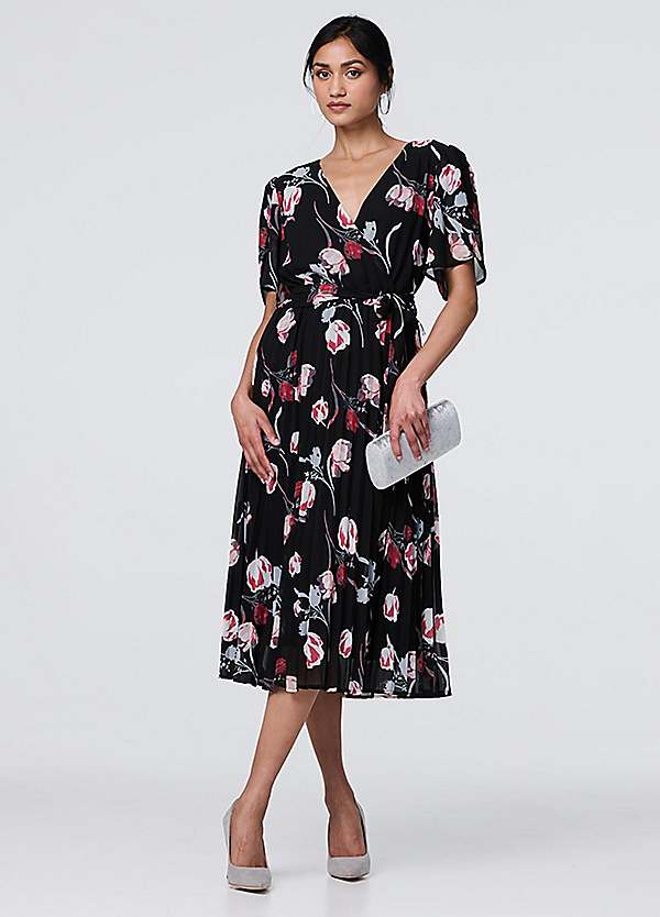 Black Floral Sheer Short Sleeve Midi Wrap Dress by Izabel London