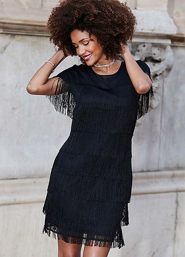 blue dress for baby girl Black Satin Party Dress With Fringe Skirt main image 0