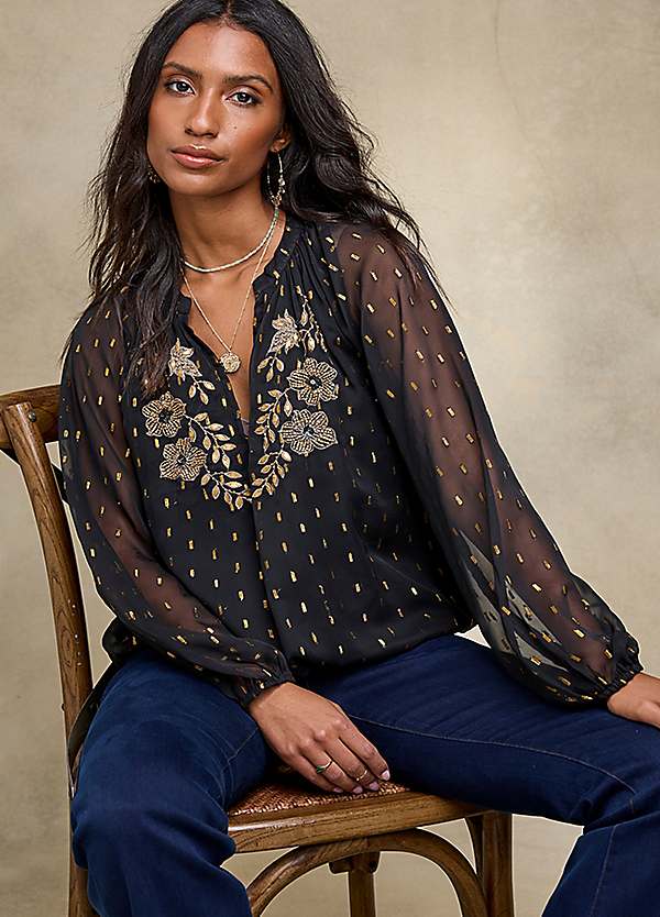 Black Gold Embroidered Bubble Hem Blouse by Together