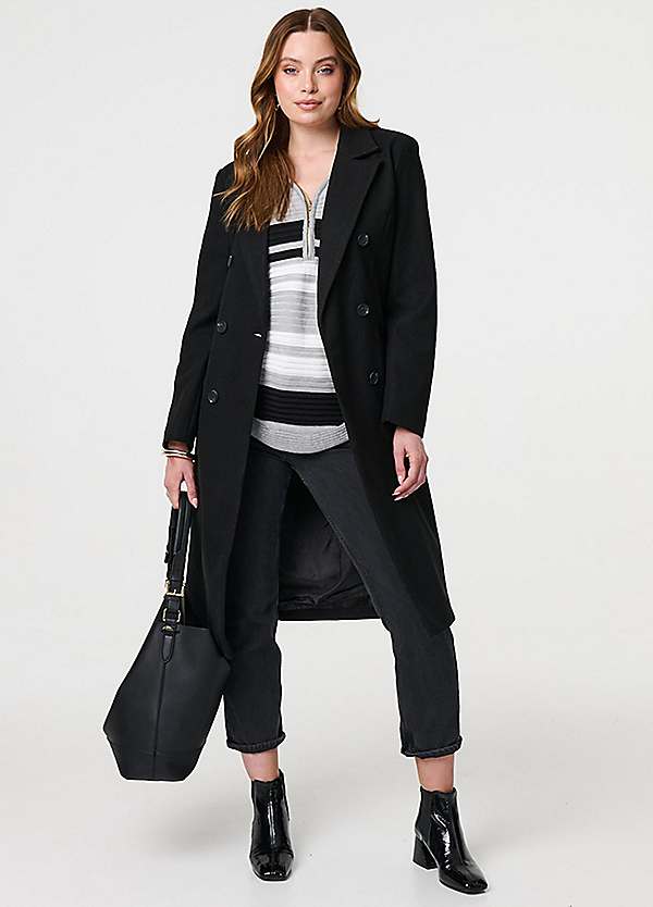 Black Longline Tailored Button Front Coat by Izabel London Look