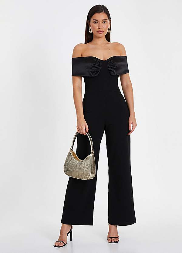 Black Scuba Crepe Bardot Jumpsuit with Satin Trim by Quiz