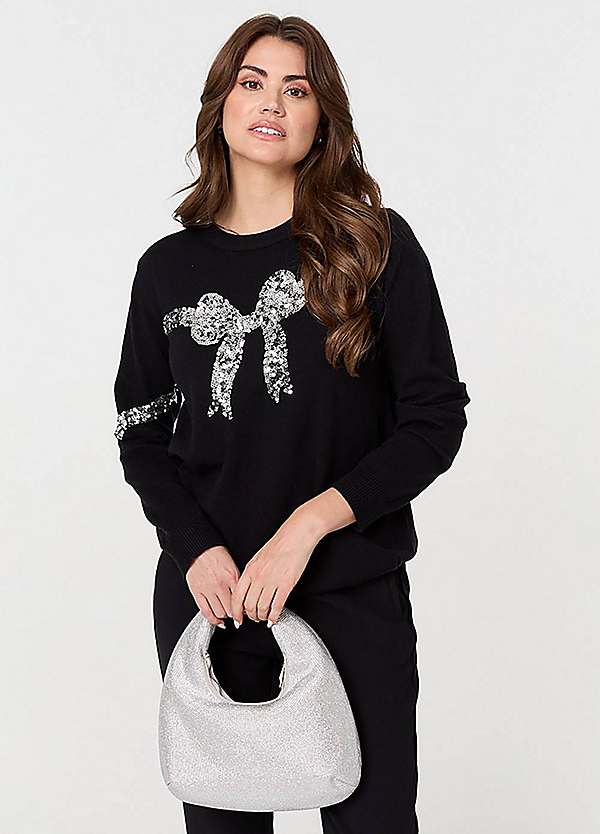Black Sequin Bow Print Long Sleeve Jumper by Izabel London Look