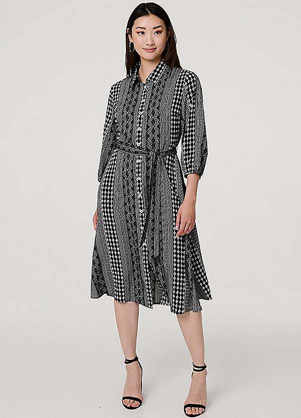 Black Striped Three Quarter Sleeve Tie Waist Midi Shirt Dress by Izabel London