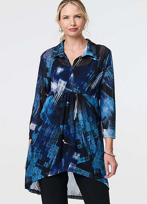 Blue Abstract Sheer Curve Hem Longline Shirt by Izabel London