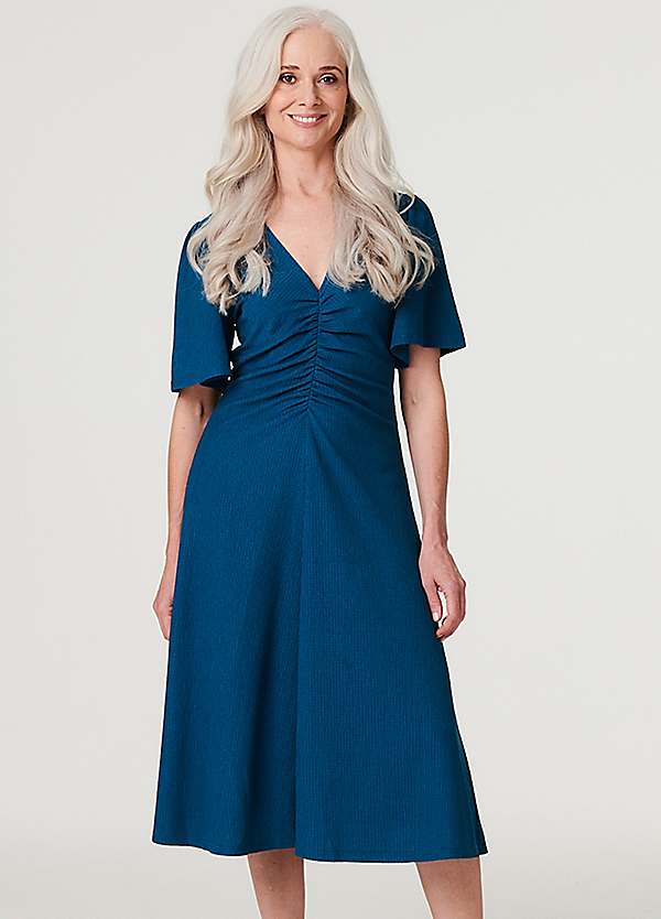 knee length dresses for ladies Red And Black Printed Short Sleeve Ruched Front Midi Dress – AX Paris US main image 0