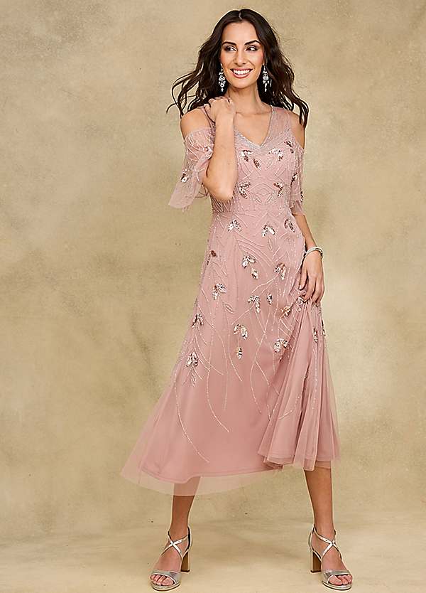 Blush Beaded Cold Shoulder Midi Dress by Together