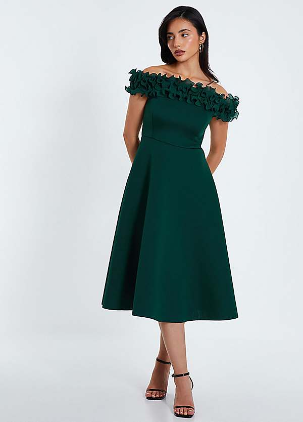 Bottle Green Scuba Bardot Midi Skater Dress with Organza 3D Ruffle Trim by Quiz