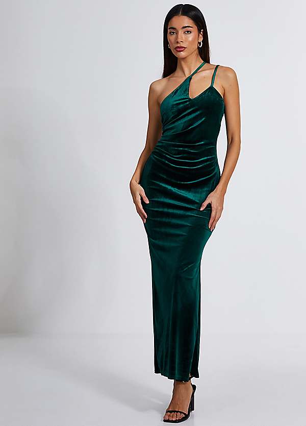Bottle Green Velvet One Shoulder Keyhole Neck Maxi Dress by