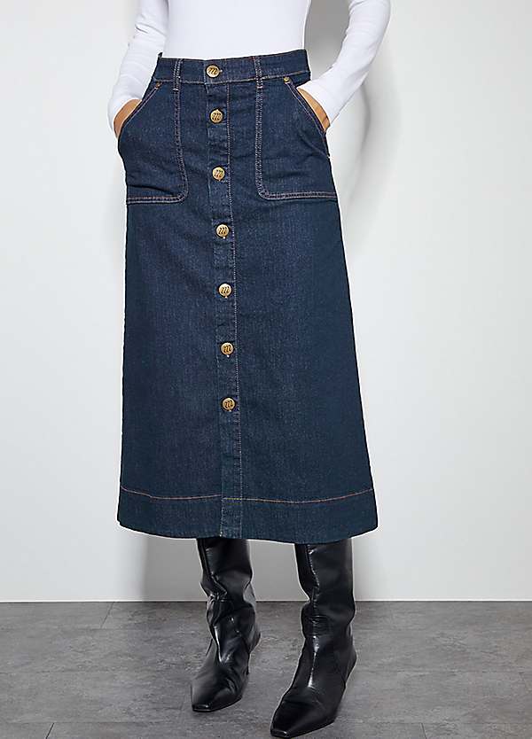 Bree Button Denim Midi Skirt by Monsoon Look Again