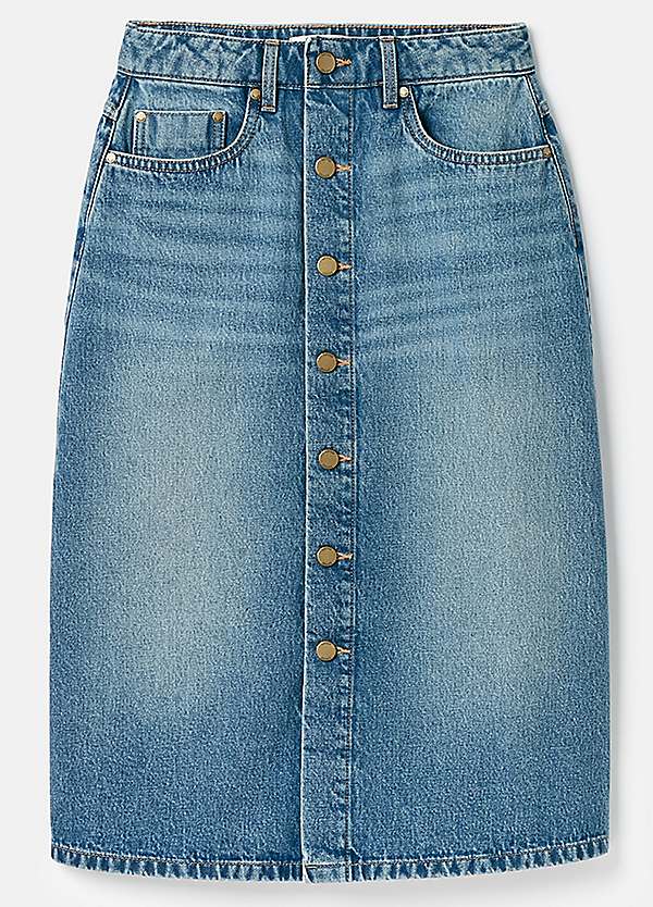 button front denim skirt knee length