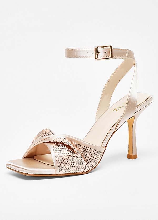 Champagne Satin Diamante Twist Front Heel Sandals by Quiz