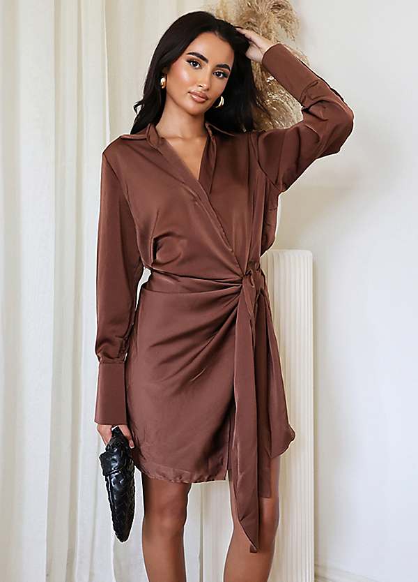 Chocolate Satin Wrap Long Sleeve Mini Dress by AX Paris Look Again