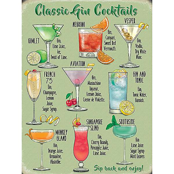 Classic Gin Cocktails Metal Sign Look Again - Main Image