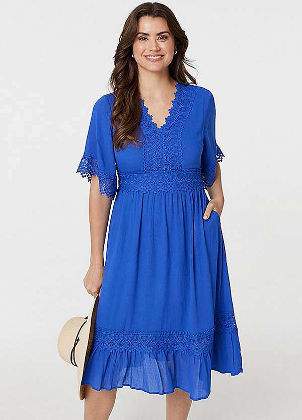 Cobalt Blue Lace Trim 3 4 Sleeve Midi Dress by Izabel London