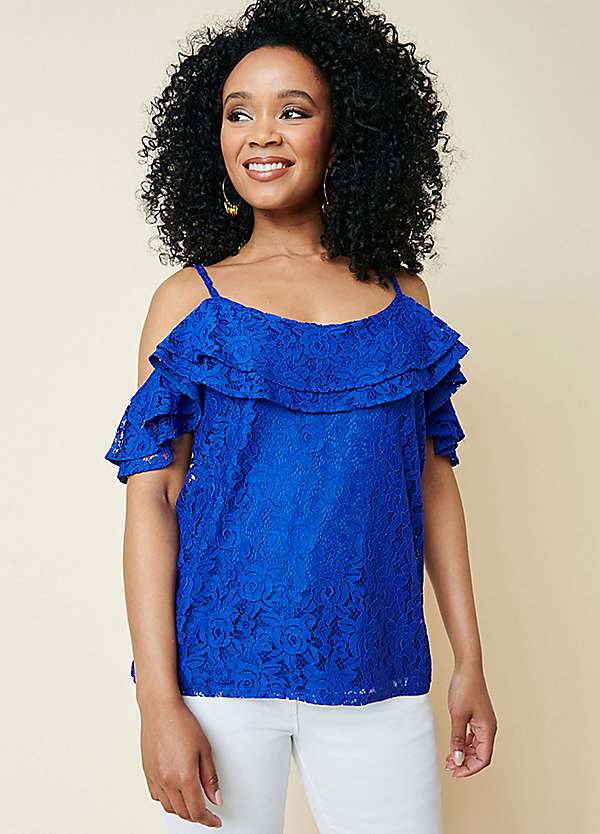 Cobalt Lace Cold Shoulder Top by Kaleidoscope