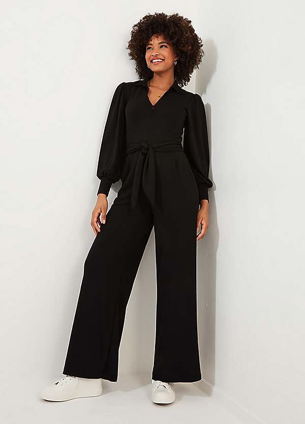 Collared Zip Front Straight Leg Jersey Jumpsuit by Joe Browns